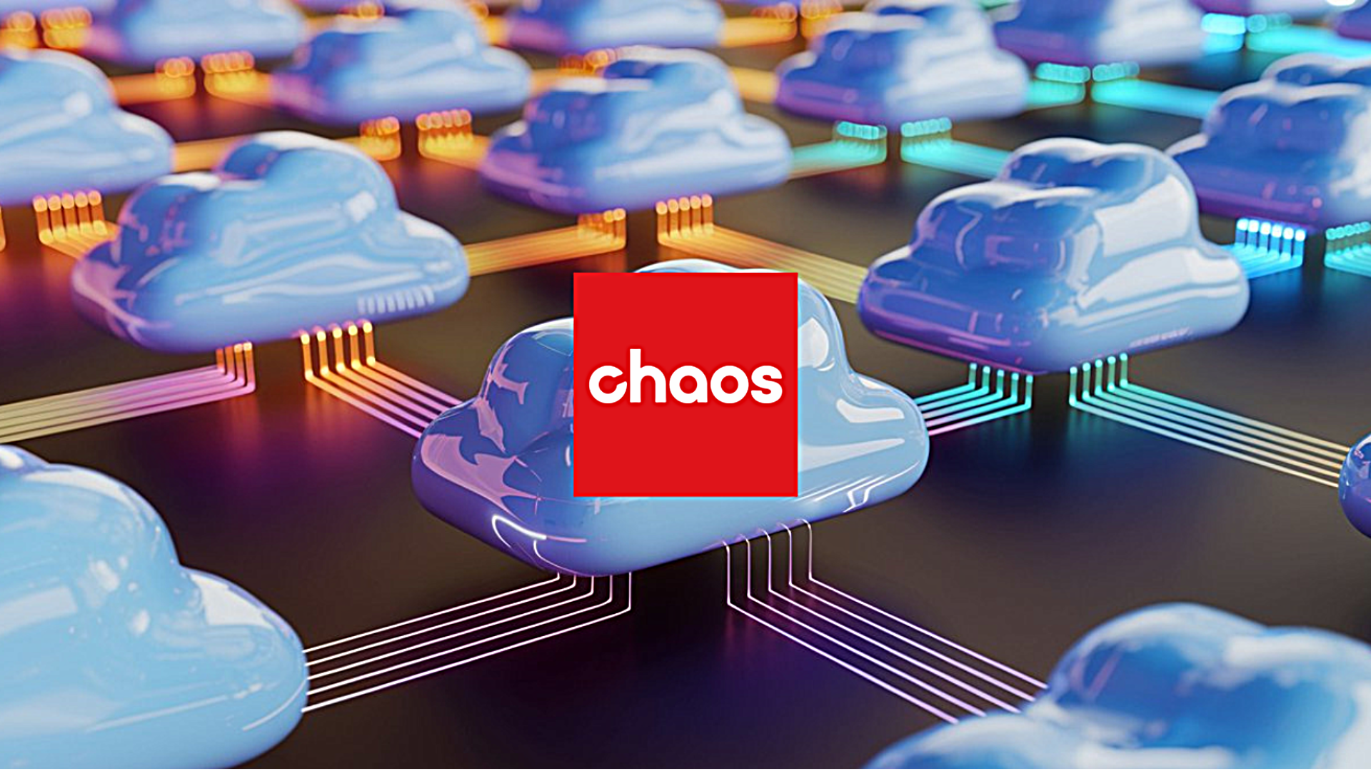 A depiction of clouds transferring data between eachother with the red Chaos logo in the center