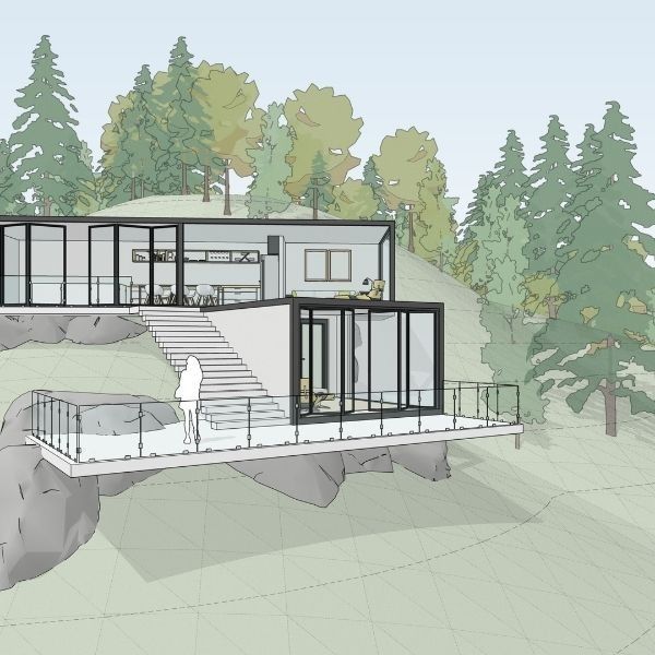 A landscape design visualization of a garden with trees, plants, and hardscaping elements, demonstrating SketchUp Studio's ability to create detailed outdoor environments.