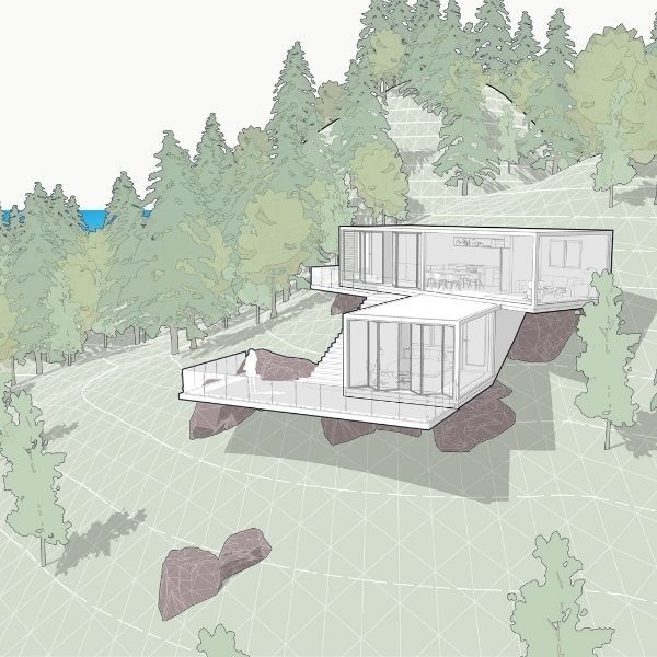 A landscape design visualization of a garden with trees, plants, and hardscaping elements, demonstrating SketchUp Studio's ability to create detailed outdoor environments.